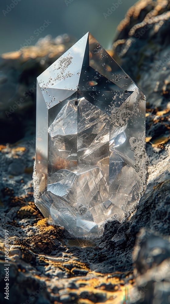 A clear quartz crystal rests on a rocky surface, showcasing its natural facets and sparkling clarity, illuminated by soft, natural light. A clear quartz crystal rests on a rocky surface, showcasing its natural facets and sparkling clarity, illuminated by soft, natural light.
