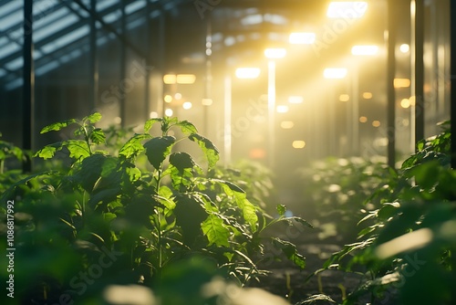 A greenhouse filled with vibrant plants illuminated by warm light beams.