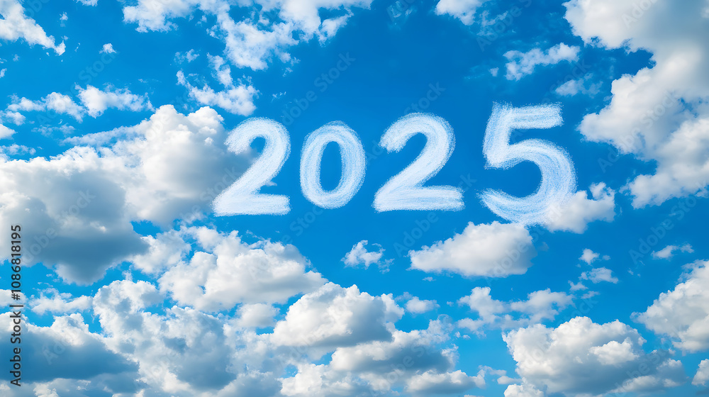 明るい青空に浮かぶ「2025」文字 明るい青空に浮かぶ「2025」文字