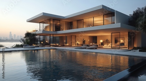 A 3D render of a sleek, ultra-modern mansion with large glass walls and infinity pool