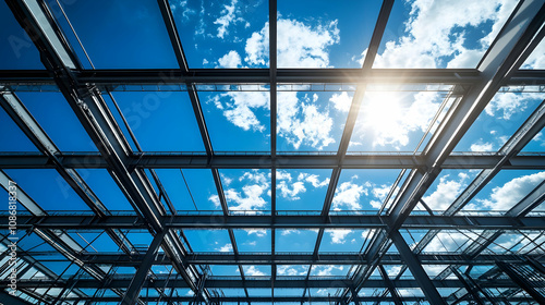 A view of a modern architectural structure featuring a glass roof, showcasing a bright blue sky with clouds and sunlight filtering through.