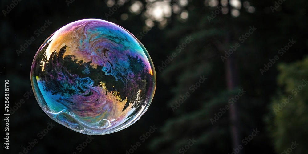 Iridescent soap bubble suspended in mid-air against a dark background, with swirling colors reminiscent of nebulae and planetary bodies, soap bubble, space Iridescent soap bubble suspended in mid-air against a dark background, with swirling colors reminiscent of nebulae and planetary bodies, soap bubble, space