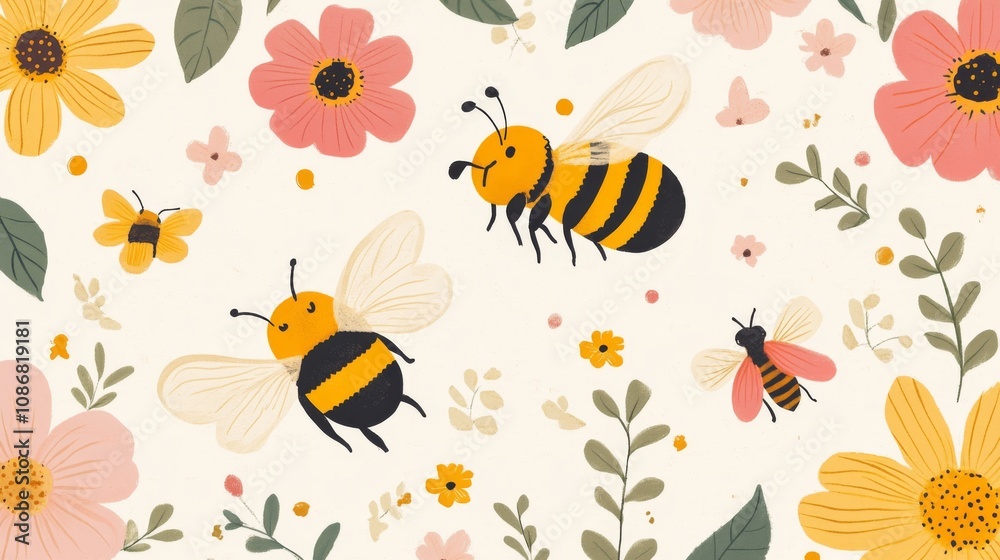 Whimsical Bee and Floral Pattern Whimsical Bee and Floral Pattern