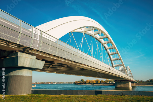 Zezelj bridge, a tied-arch bridge on Danube river in Novi Sad, Vojvodina, Serbia.