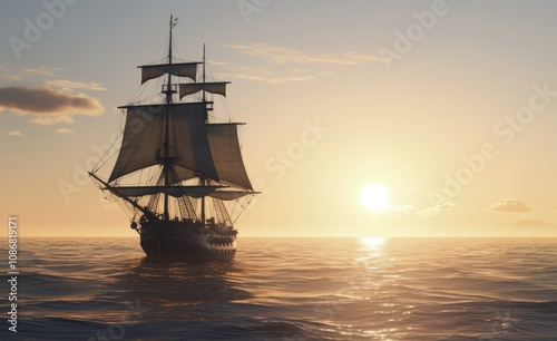 Sailing ship on a sea cruise. Sunset. Travel.