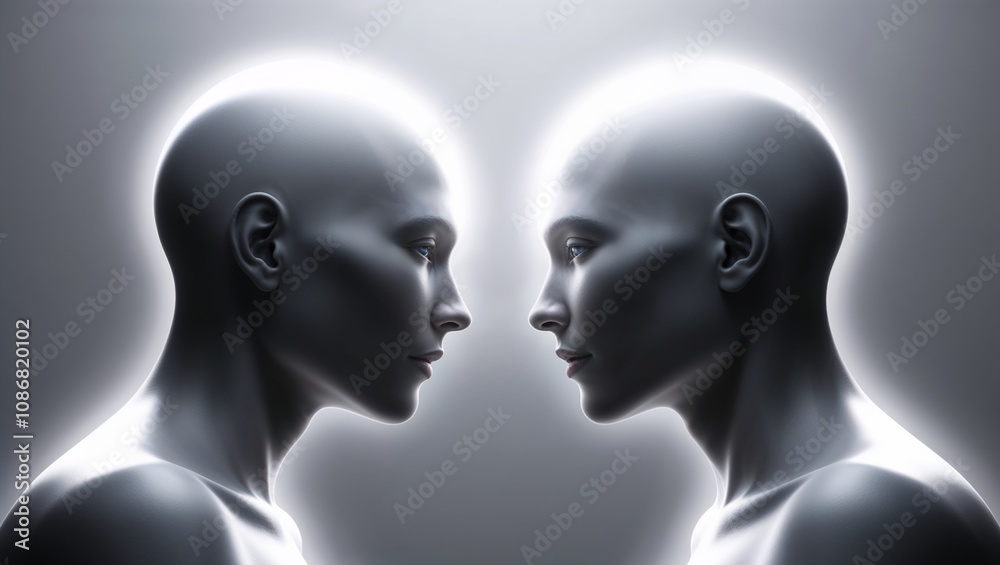 A luminous profile of two bald figures facing each other, symbolizing hope and connection on World Cancer Day A luminous profile of two bald figures facing each other, symbolizing hope and connection on World Cancer Day