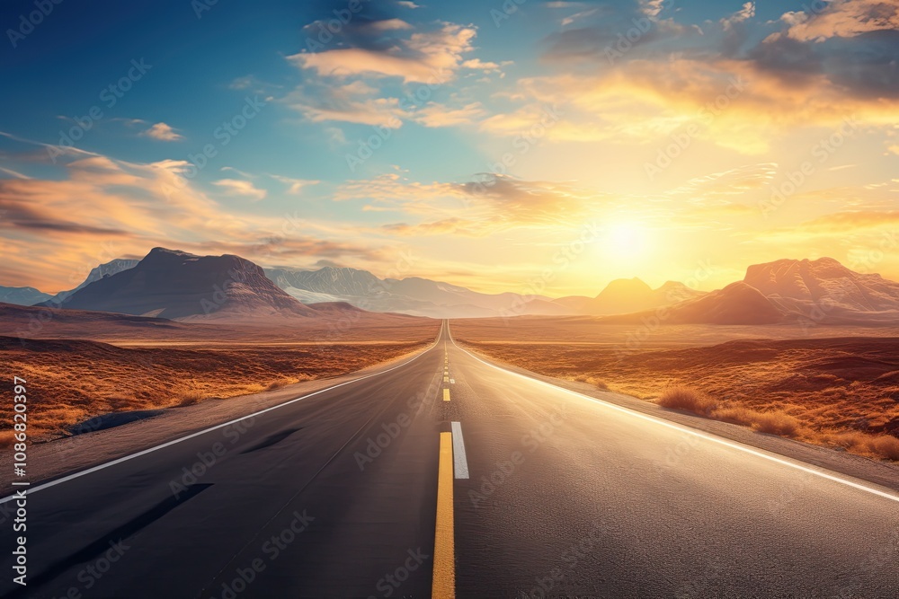 Naklejka premium Highway road going into the distance. Sunset.