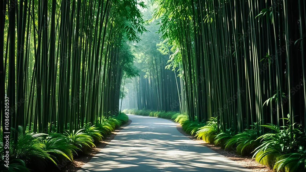 Fototapeta premium A winding path through a serene bamboo forest, sunlight filtering through the dense canopy, creating a picturesque and tranquil scene.