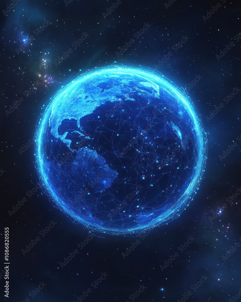 Fototapeta premium Futuristic Digital Globe Surrounded by a Cosmic Network of Light, Illustrating Global Connectivity and Technological Advancement in a Stunning Galactic Environment