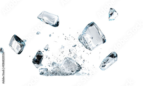 Dynamic Shattering of Ice Cubes: A Captivating Moment Captured in Motion, Portraying the Intricate Details of Crystalline Shards and Reflections Against a Dark Backdrop