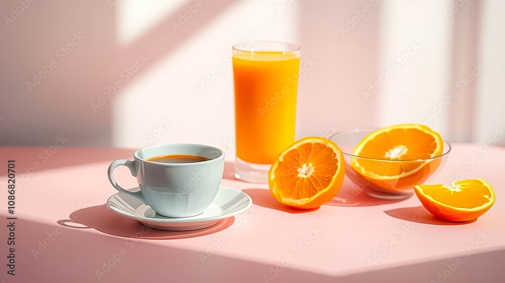 A cup of coffee, a glass of orange juice, and fresh orange slices on a pink table illuminated by sunlight. A cup of coffee, a glass of orange juice, and fresh orange slices on a pink table illuminated by sunlight.