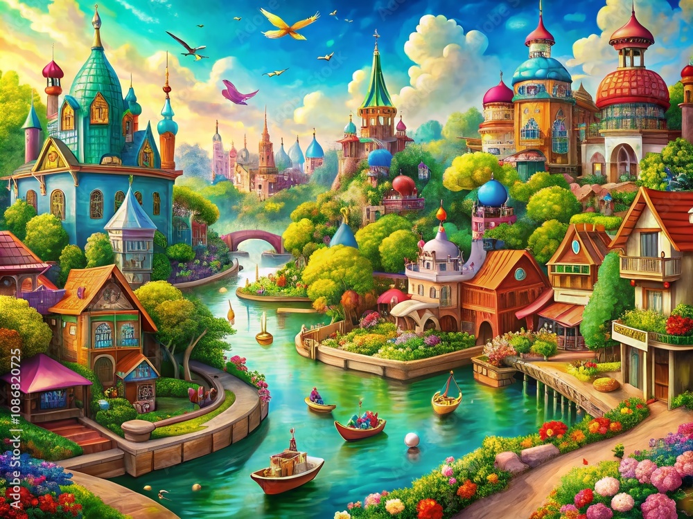 Fototapeta premium Enchanting City Panorama Illustration by the River in a Whimsical Fairy Tale Style with Colorful Details and Playful Elements for Children’s Imagination and Storytelling