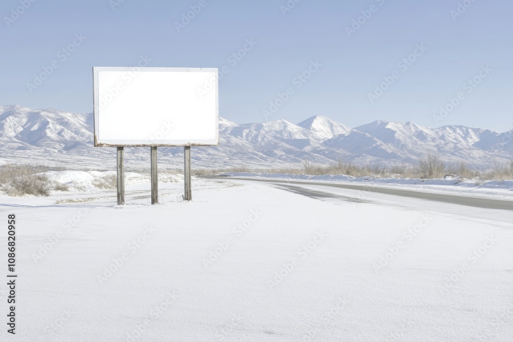 Blank Billboard in Snowy Mountain Landscape Blank Billboard in Snowy Mountain Landscape