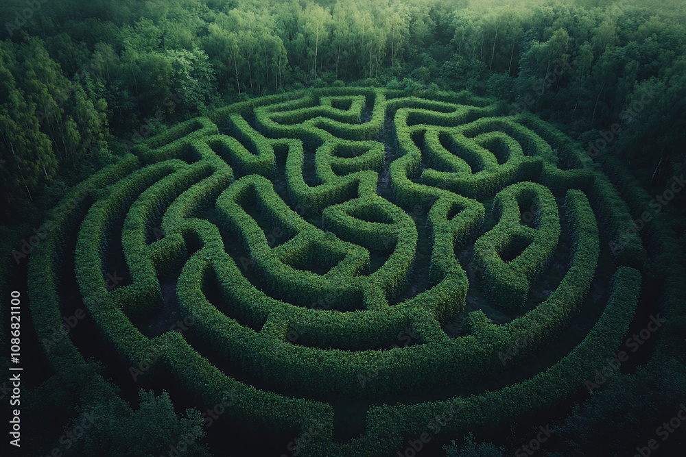 Aerial view of a large green hedge maze in a forest at sunset. Aerial view of a large green hedge maze in a forest at sunset.