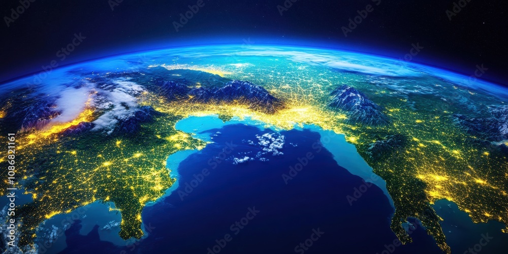 Stunning Aerial View of Earth at Night Showcasing Vibrant City Lights, Natural Landscapes, and Stunning Geography from Space Above the Blue Planet Stunning Aerial View of Earth at Night Showcasing Vibrant City Lights, Natural Landscapes, and Stunning Geography from Space Above the Blue Planet
