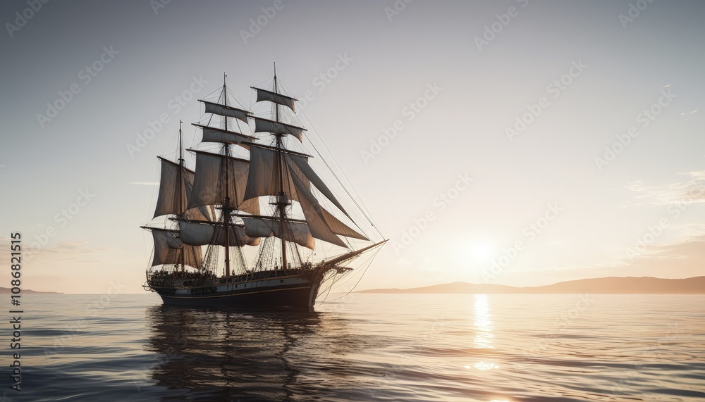Sailing ship on a sea cruise. Sunset. Travel. Sailing ship on a sea cruise. Sunset. Travel.