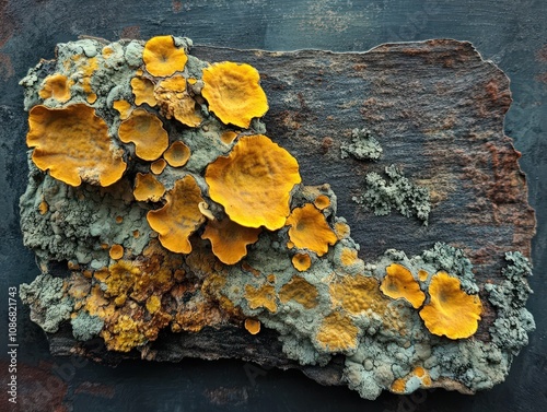 Vibrant yellow lichen growing on textured wood, showcasing nature's beauty and diverse ecosystems in a detailed composition.