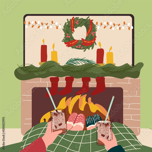 Women's and men's feet in warm socks, slippers resting on a sofa in front of a burning fireplace with hot cocoa, coffee, mulled wine in their hands. Merry Christmas vibes. Hand drawing, vector.