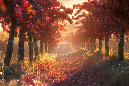 A serene pathway through vibrant autumn foliage in a vineyard at sunset.