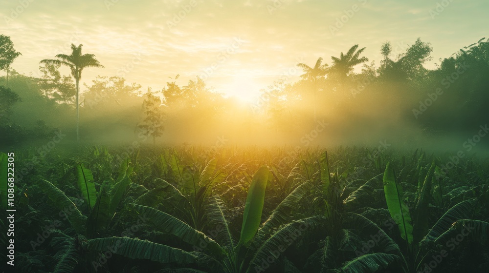 A foggy sunrise over an organic banana farm with tall trees and green grass.
