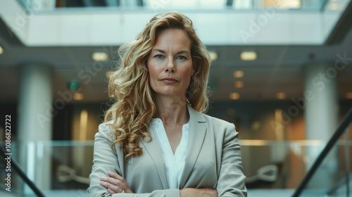 photograph of Powerful businesswoman in a high-rise office setting with a commanding presence and authoritative expression, wide angle lens