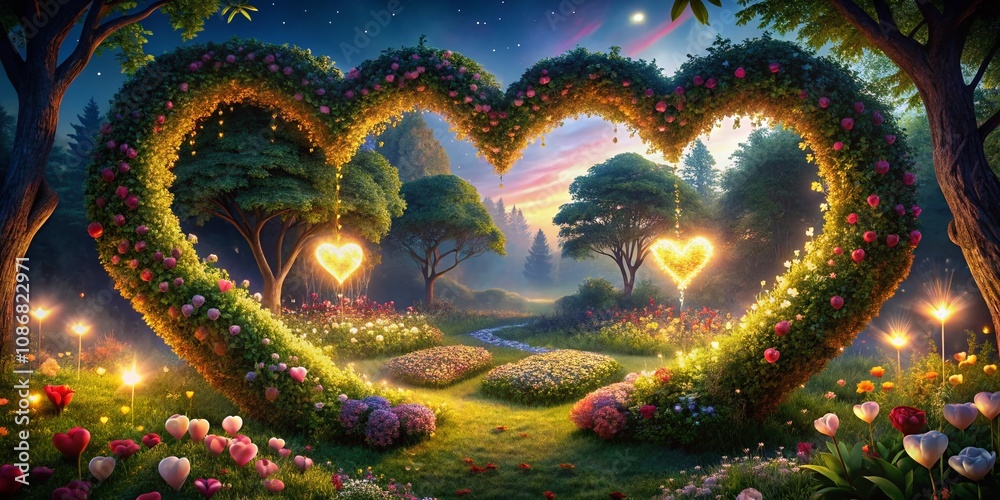 Fototapeta premium Enchanting Low Light Photography of a Love Heart Garden Bathed in Moonlight with Glowing Flowers and Soft Shadows Creating a Romantic Atmosphere for Couples and Nature Lovers