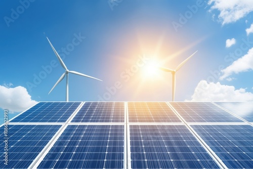 Renewable energy growth solar panels and wind turbines under sun green technology outdoor bright future