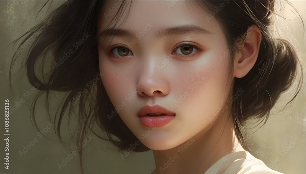 digital portrait of a young woman with delicate facial features, soft lighting, and a serene expression. It can be used for art references, character design, or aesthetic inspirations. digital portrait of a young woman with delicate facial features, soft lighting, and a serene expression. It can be used for art references, character design, or aesthetic inspirations.