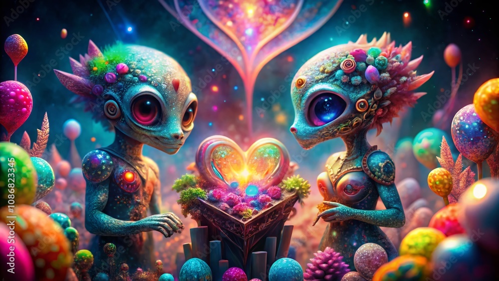 Obraz premium Enchanting Macro Photography of Alien Valentines Surrounded by Cosmic Flowers and Heart-shaped Crystals in a Dreamy Galaxy Setting