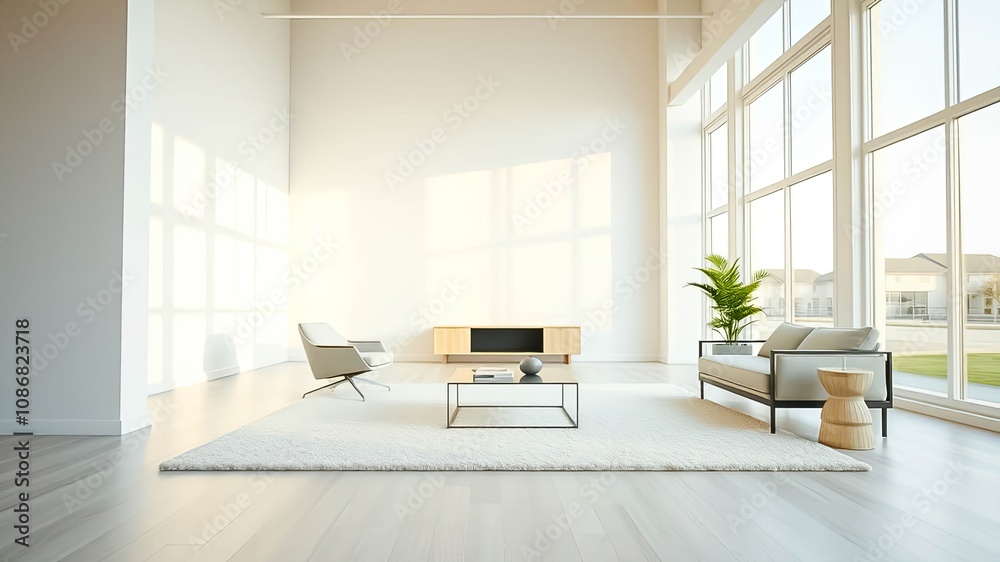 A modern living room with a white rug, a sofa, a chair, and a coffee table, bathed in soft sunlight streaming through large windows A modern living room with a white rug, a sofa, a chair, and a coffee table, bathed in soft sunlight streaming through large windows