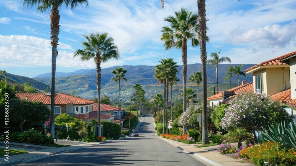 photograph of Rows of Palm trees, mountains, flowers, blue skies and open roads,Beautiful houses with nicely landscaped front the yard, and green hills photograph of Rows of Palm trees, mountains, flowers, blue skies and open roads,Beautiful houses with nicely landscaped front the yard, and green hills