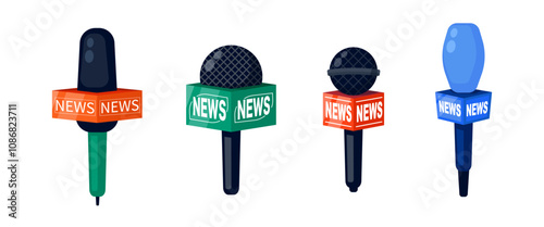 News reporter microphone vector isolated illustration set icon