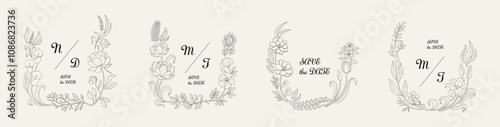 Set of calligraphic design elements, floral frame and graceful branches