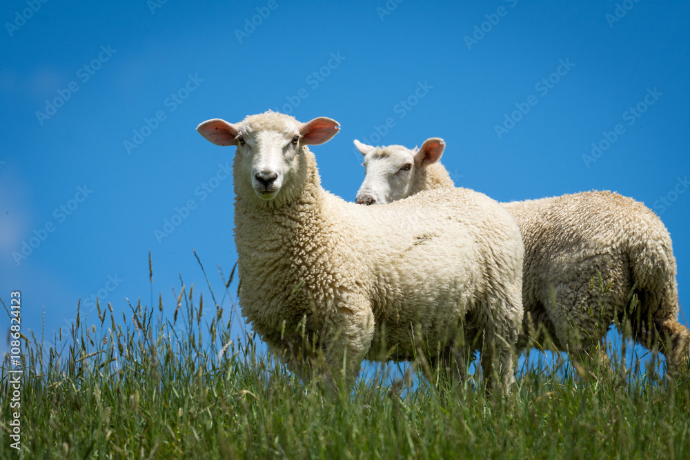 pair of lambs in lush green grassy field pair of lambs in lush green grassy field