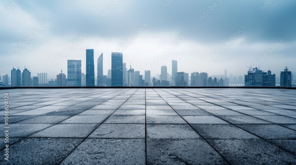 Empty square floor with city skyline background, Community Support Facility construction, dusk