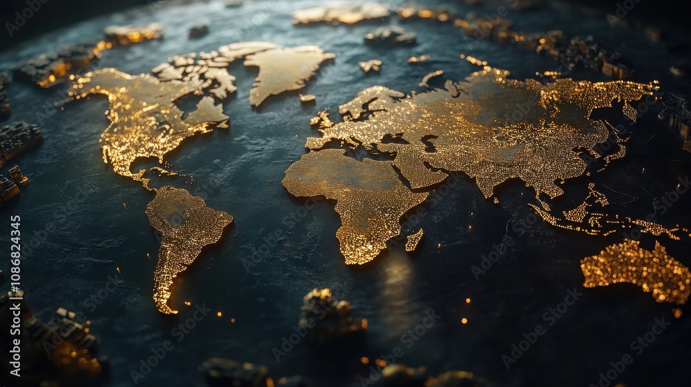 Stunning Global Map with Illuminated Cities at Night, Showcasing a Brilliant Overview of Earth from Space, Highlighting Geological Features and Human Development in Vivid Detail
