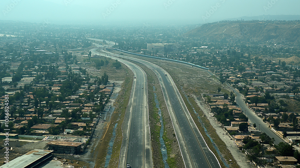 Aerial view of a winding highway amidst urban landscape near a city under a hazy sky. Generative AI Aerial view of a winding highway amidst urban landscape near a city under a hazy sky. Generative AI