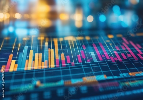 Colorful Bar Graphs Overlaid on a Digital Screen with Bokeh Background for Economic Analysis and Data Visualization Concepts