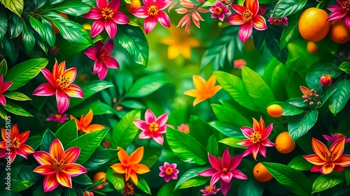 A vibrant tapestry of pink and orange blossoms nestled amidst lush green foliage, showcasing the beauty of nature's artistry.