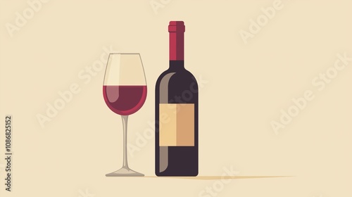 Bottle of red wine with glass on beige background for dining and celebration photo