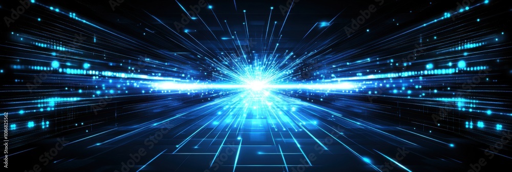 Dynamic Burst of Blue Light Representing Speed and Technology with Motion Lines and Bright Particles Against a Dark Background in a Futuristic Style