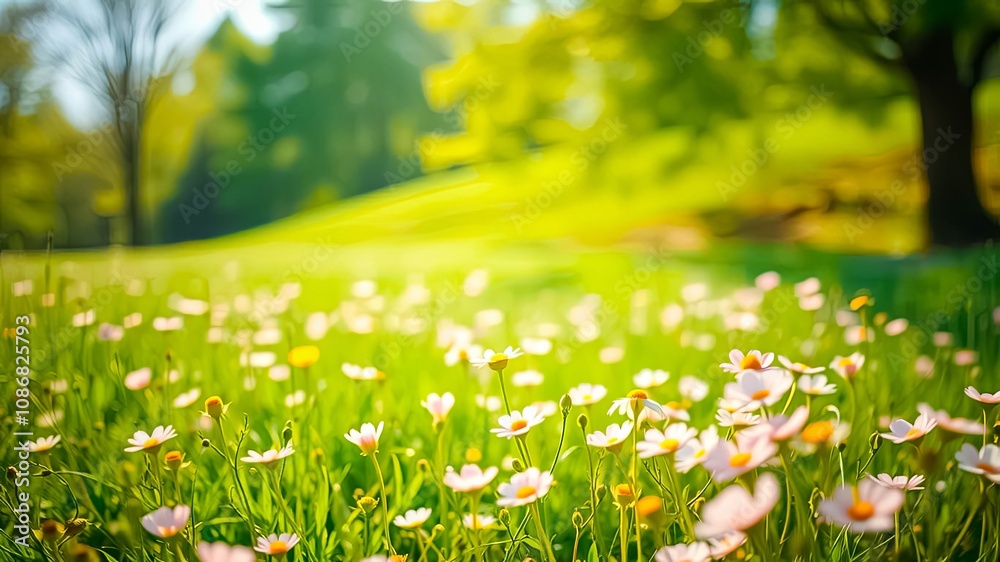 Fototapeta premium A field of delicate white blossoms bathed in the soft glow of the setting sun, surrounded by lush green grass and a blurred background of trees