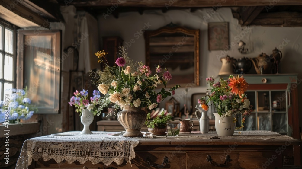 Fototapeta premium Charming Vintage Flowers in Rustic Room with Soft Light