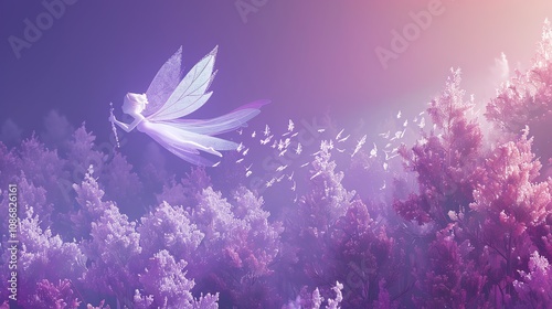 A magical fairy flies through a purple, glowing forest with a wand. photo