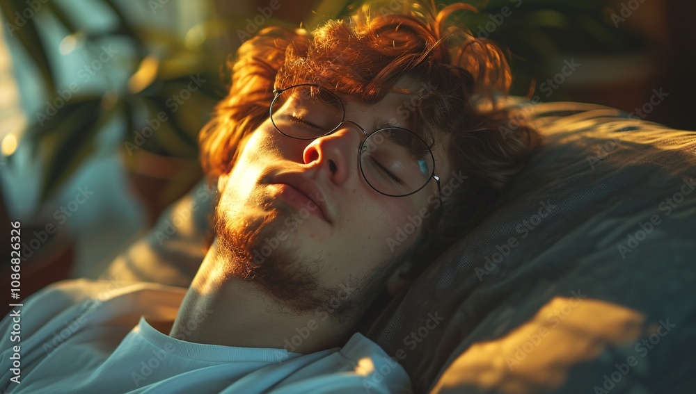 Obraz premium A young man with curly hair and glasses peacefully sleeping on a cozy bed, surrounded by lush indoor plants, capturing a serene moment of relaxation.