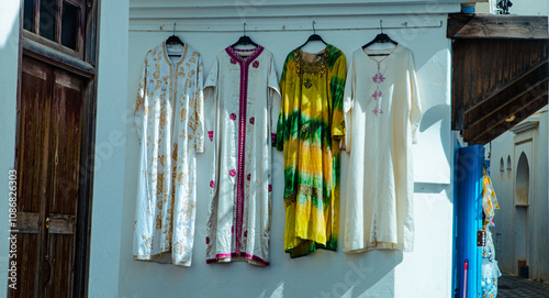 Fotografía Beautiful caftans hanging against a white wall in a sunny alley of Asilah, Morocco