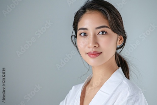 Asian woman with subtle makeup and a perfectly styled hairstyle. on grey background