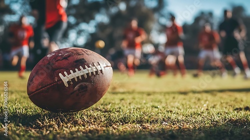 A football is laying on the grass photo