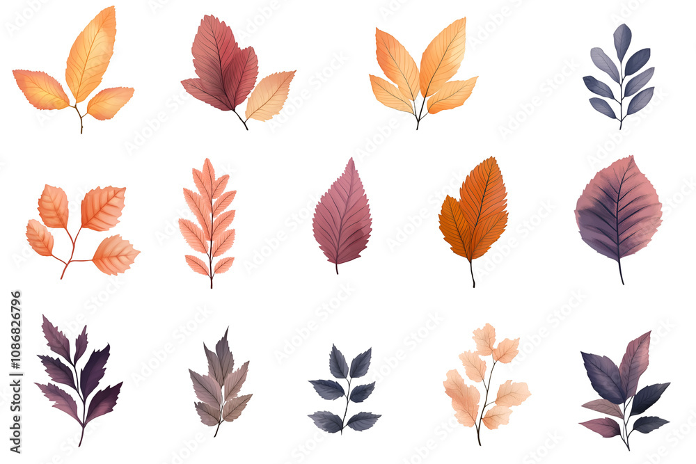Fototapeta premium Autumn leaves isolated on white background, cut out png.