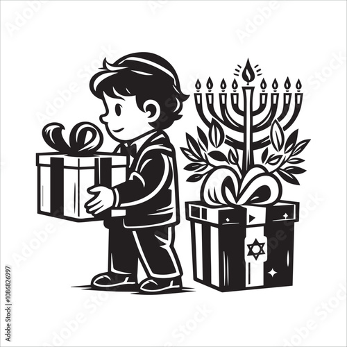 Happy Child with Hanukkah Gift. A cheerful cartoon girl, holding a gift box featuring a menorah design.